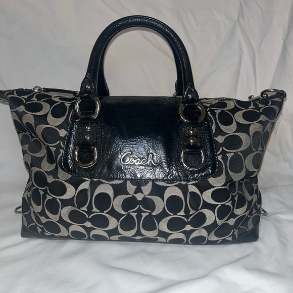 Coach Black Gray Signature C Satchel Tote Purse Patent Leather Trim Shoulder Bag - Picture 1 of 9